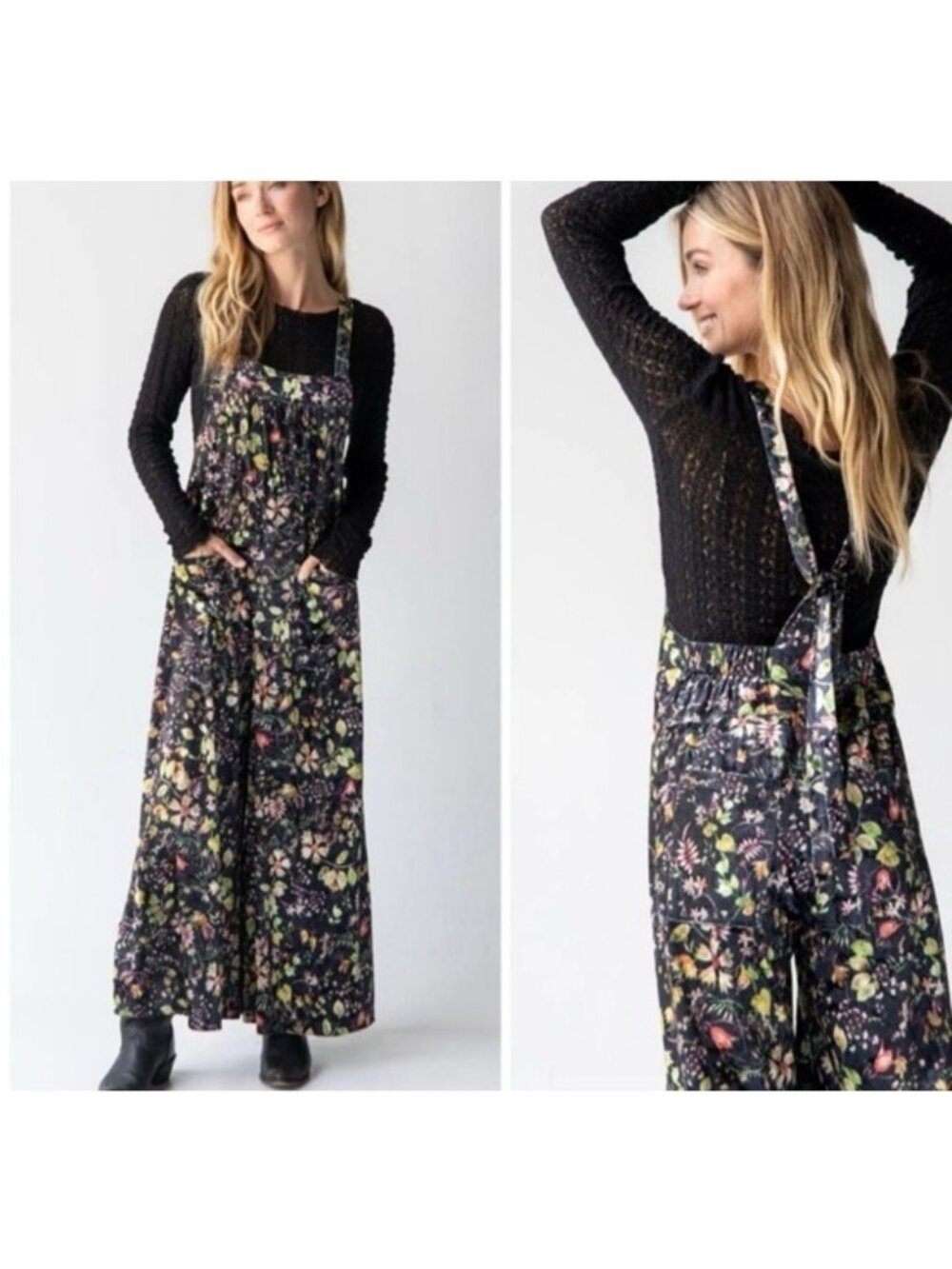 NEW Natural Life Floral Velvet Overalls Wide-Leg Jumpsuit Large Multicolor